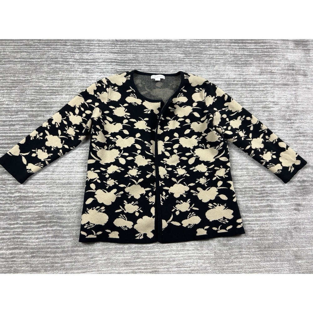Coldwater Creek Sweater Womens Small‎ Black & Beige 3/4 Sleeve Open Front Casual